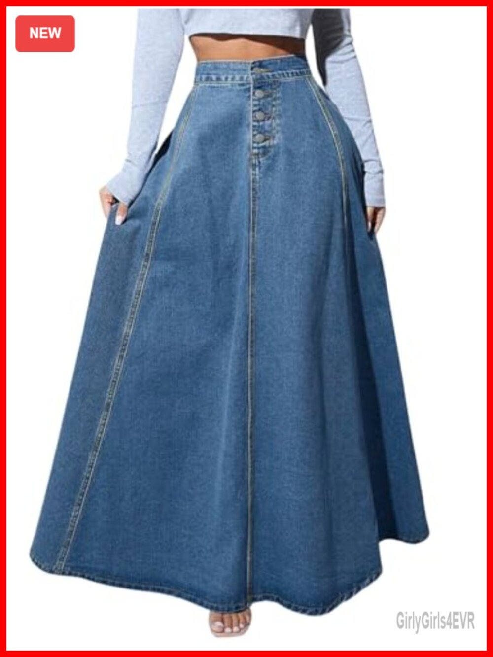 Retro High Waisted Button Fly Flared Pleated A-Line Cotton Denim Maxi Skirt